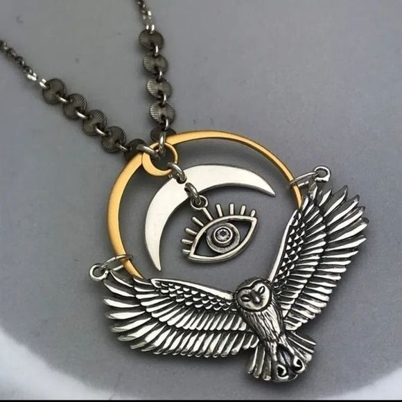 Silver gold titanium owl moon evil eye boho goth punk necklace new - Picture 2 of 7